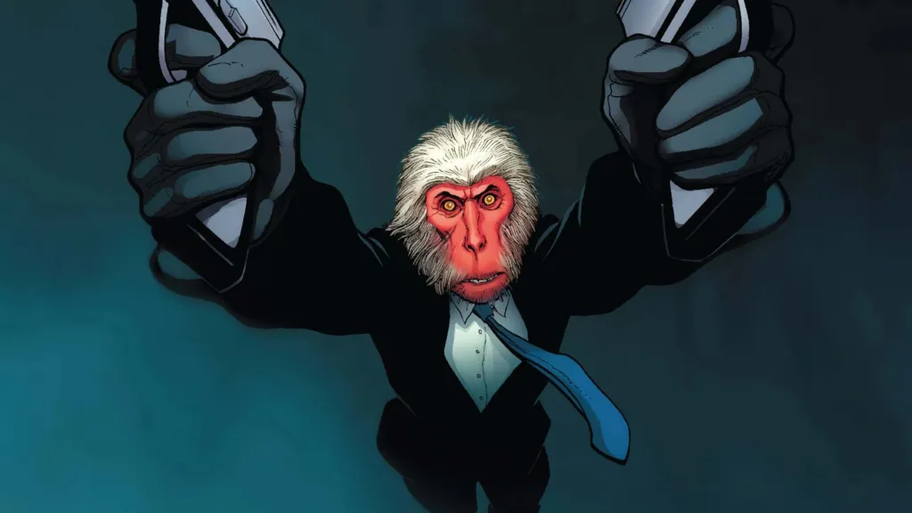 Hit-Monkey leaping toward the viewer with a pistol raised in each hand