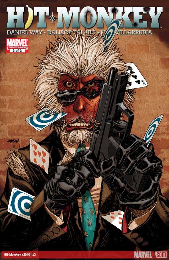 Hit-Monkey in a suit and sunglasses, gripping a pistol as playing cards and targets fly around him