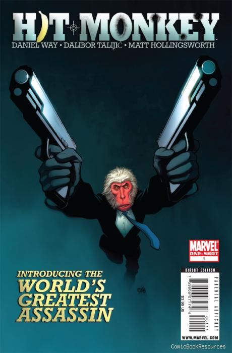 Hit-Monkey in a black suit and tie aiming two oversized pistols down at the viewer on his one-shot cover