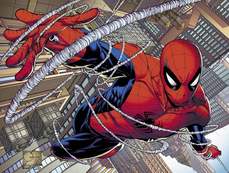 Spider-Man web-swinging between city buildings, one hand reaching toward the viewer