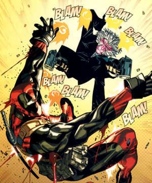 Hit-Monkey in a black suit firing two pistols while kicking Deadpool