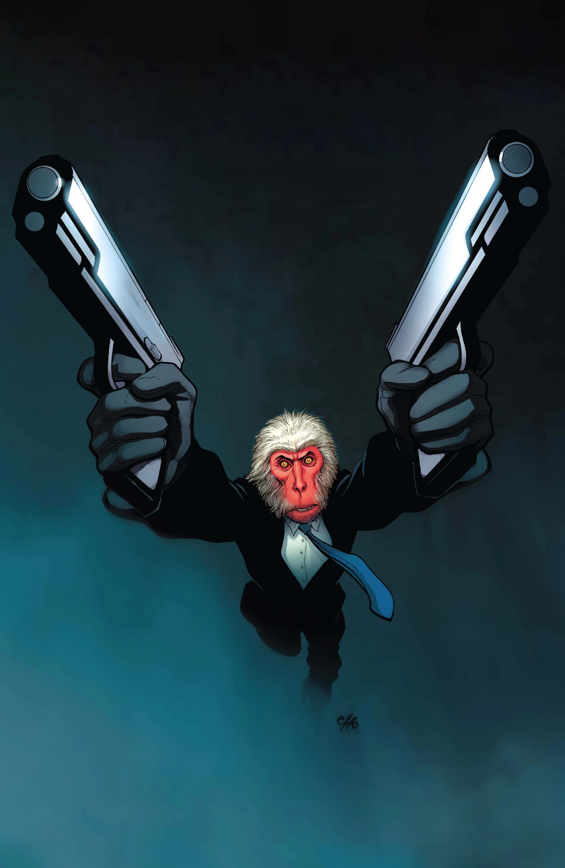 Hit-Monkey in a suit aiming pistols
