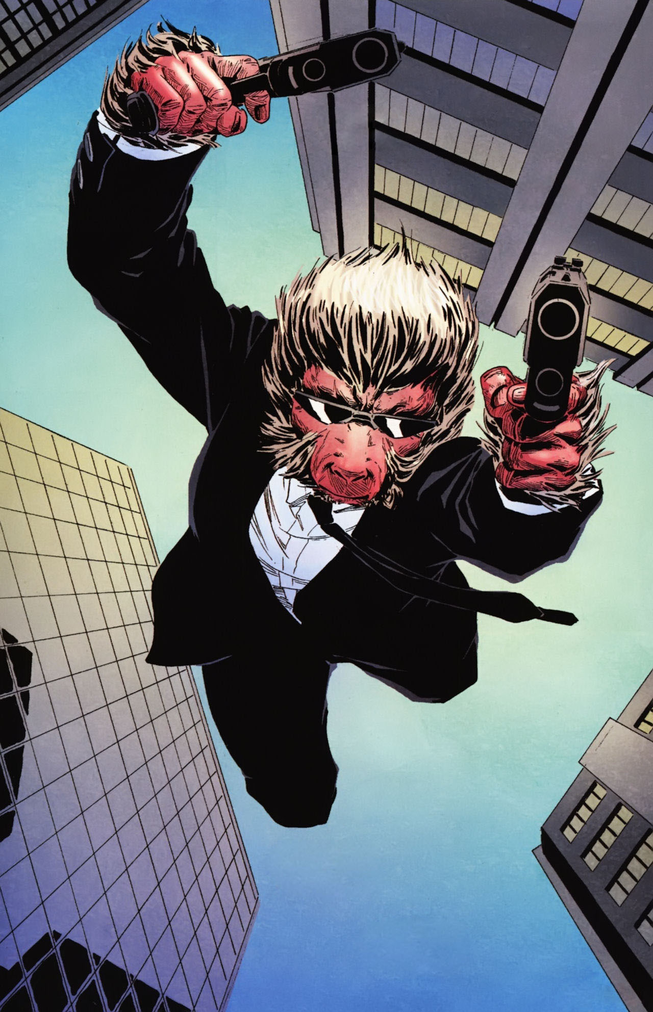 Hit-Monkey in a black suit falling between skyscrapers firing two guns comic art