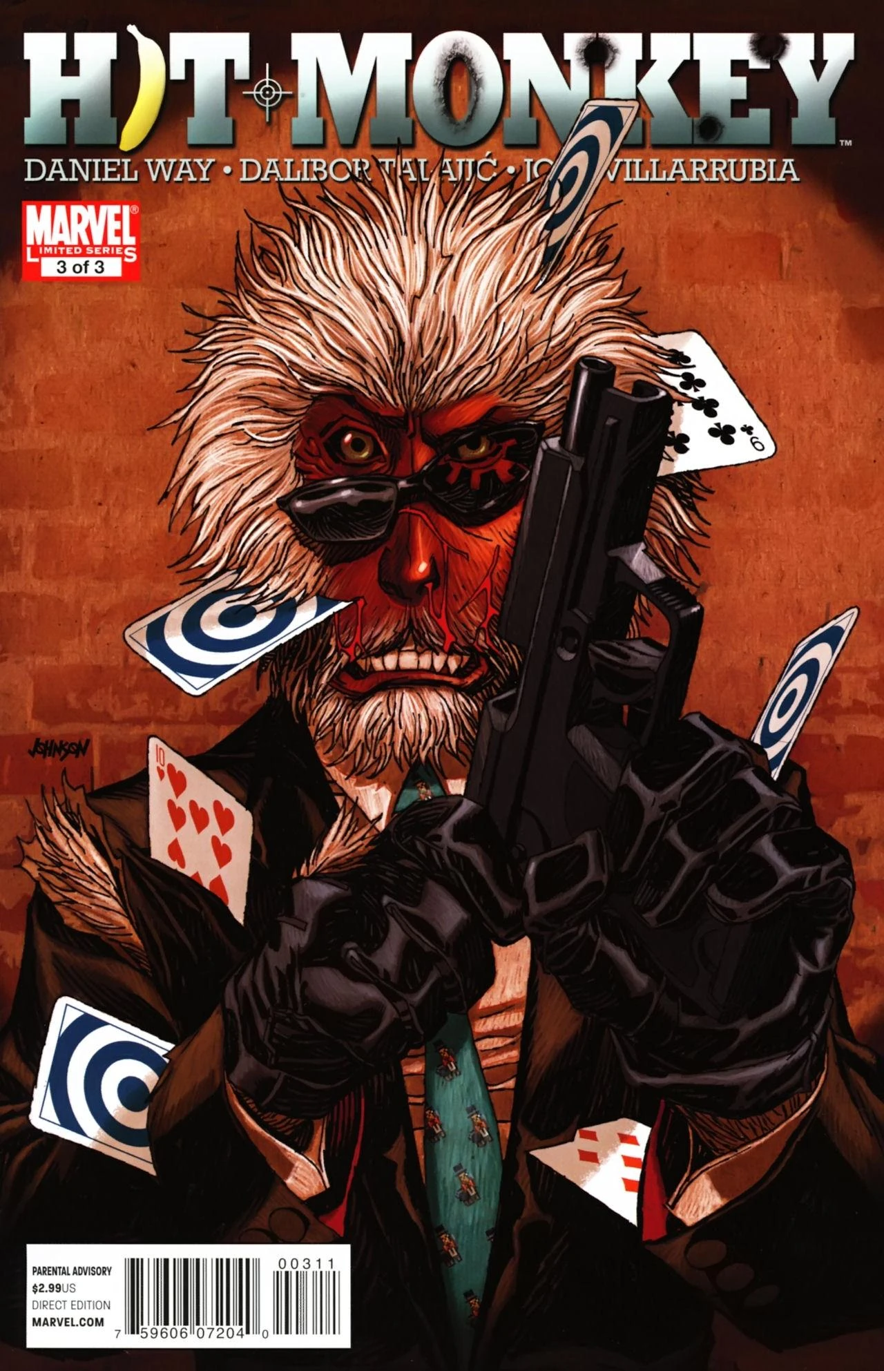 Hit-Monkey holding a gun on a comic cover surrounded by playing cards