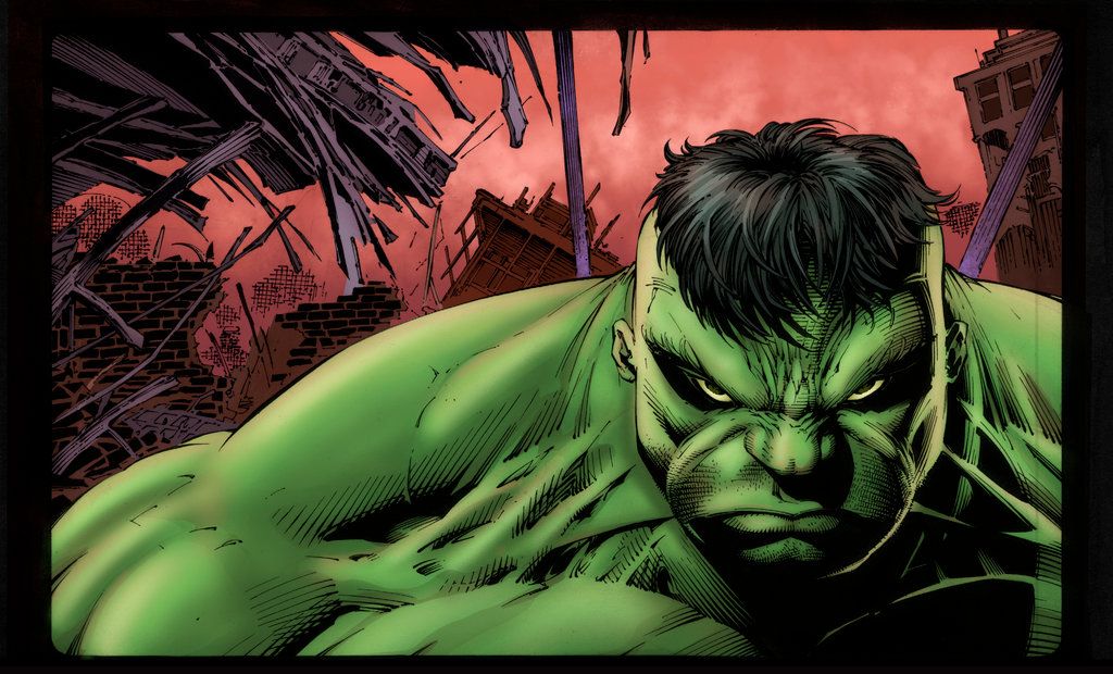 A close comic panel of the Hulk glaring forward against a red ruined skyline