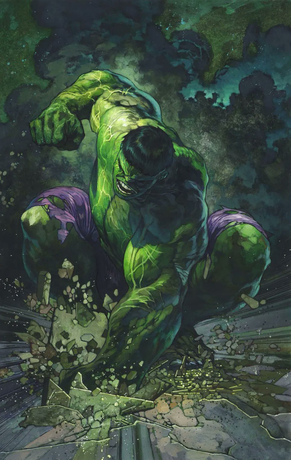 The Hulk crouching in darkness amid shattered concrete, lit by green storm light