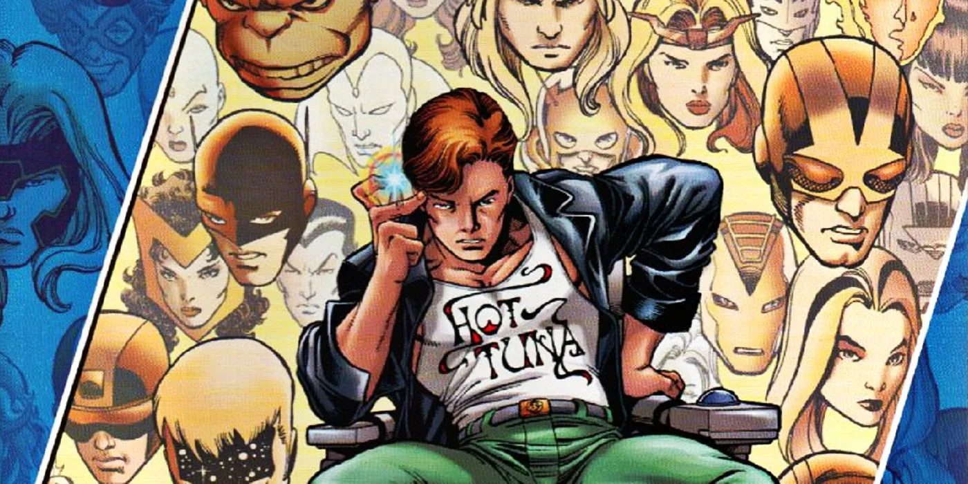 Rick Jones seated at the centre of a crowd of heroes, touching his temple