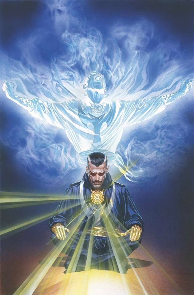 Doctor Strange meditating while his translucent astral form rises above his body with arms outstretched
