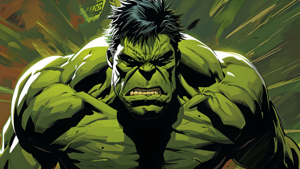 A close view of the Hulk's snarling face and shoulders against streaked green shadows
