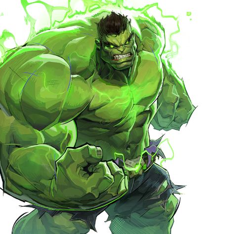 The Hulk wreathed in green gamma energy, fists clenched and teeth bared
