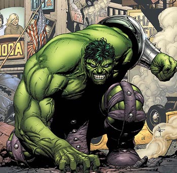 Hulk crouching in a city street comic art
