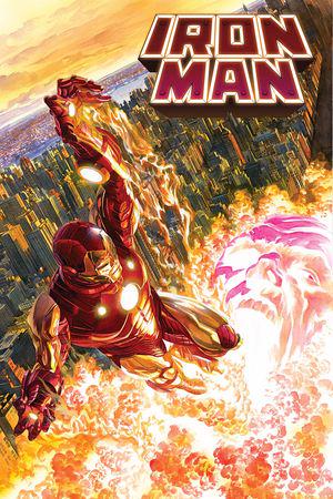 Iron Man flying over a city firing repulsors comic cover