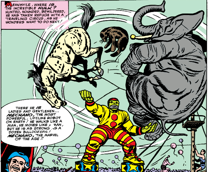 Hulk as Mechano the robot clown juggling circus animals in Avengers 1