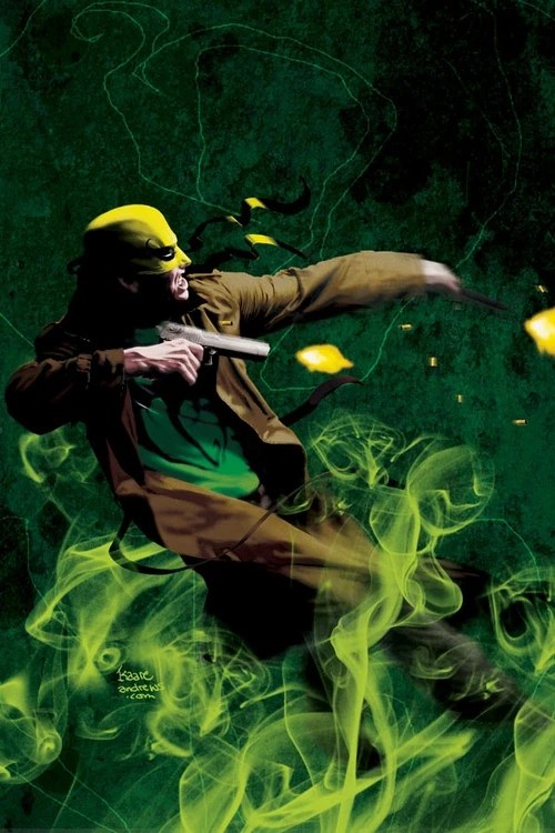 Orson Randall, the Golden Age Iron Fist, firing a pistol amid green mist comic art