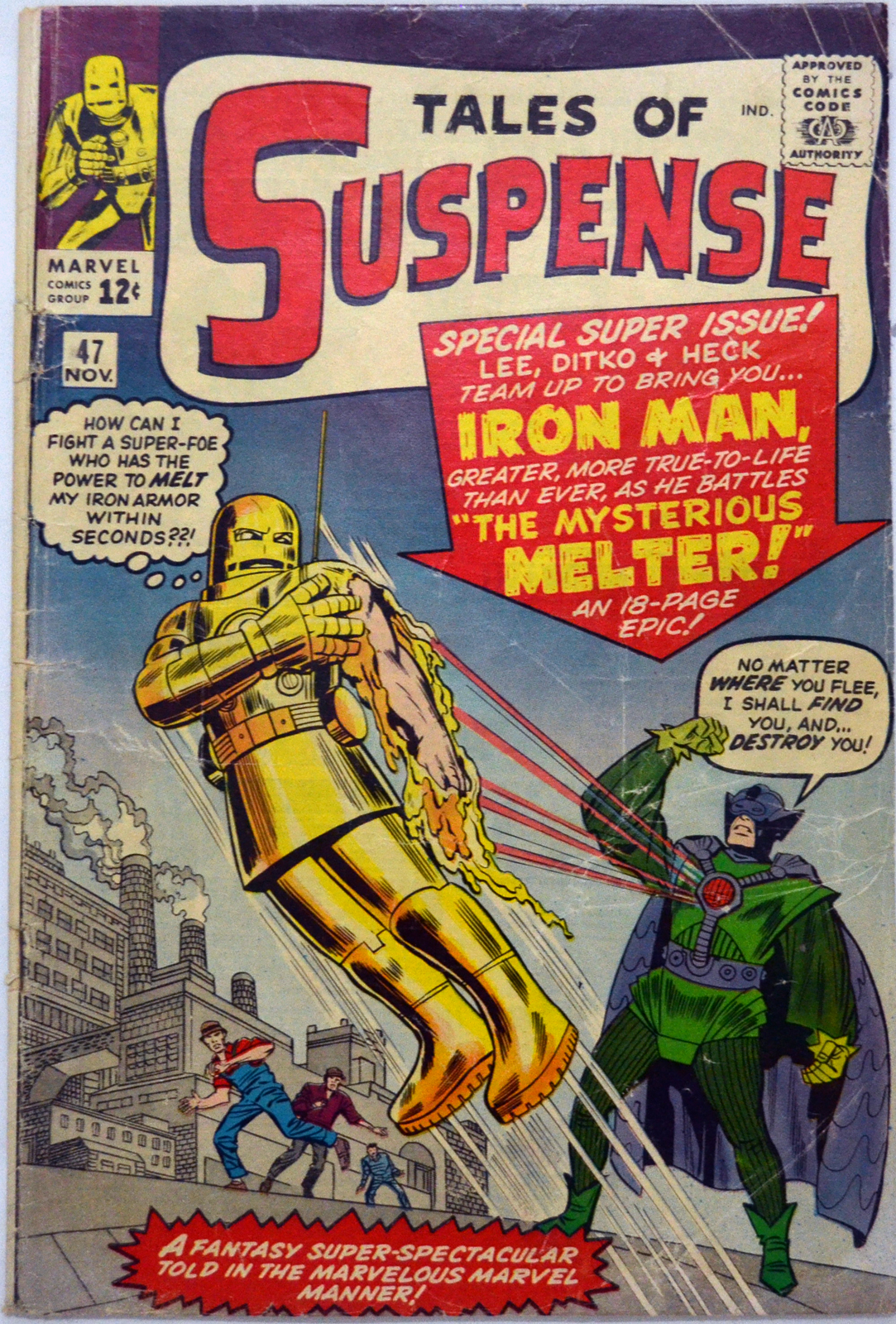 The gold Iron Man armor under attack by the Melter on the Tales of Suspense #47 cover