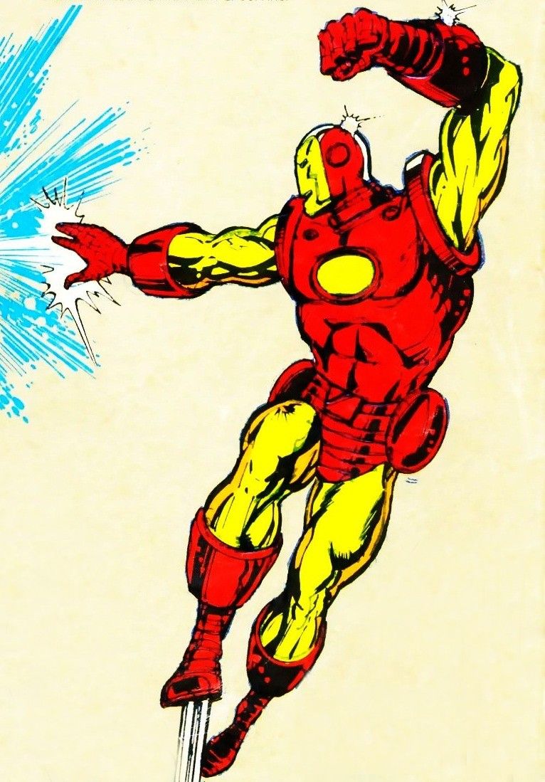 Classic red and gold Iron Man in flight, one fist raised and the other firing a repulsor blast