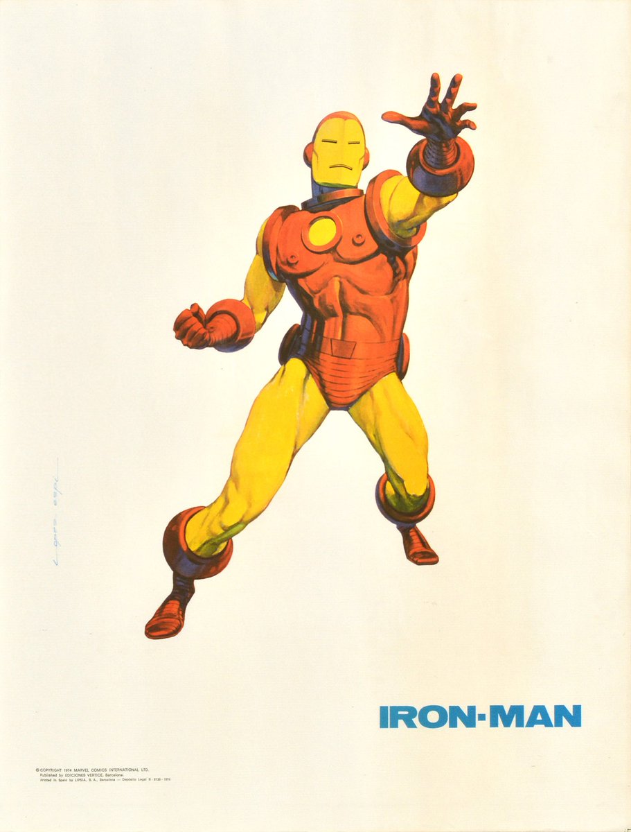 A 1974 painted Iron Man poster showing the flat-faced red and gold armor reaching toward the viewer