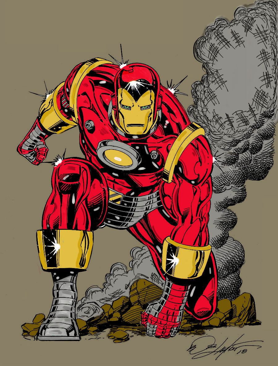 Iron Man in red and silver armor crouching on rocky ground beside smoke
