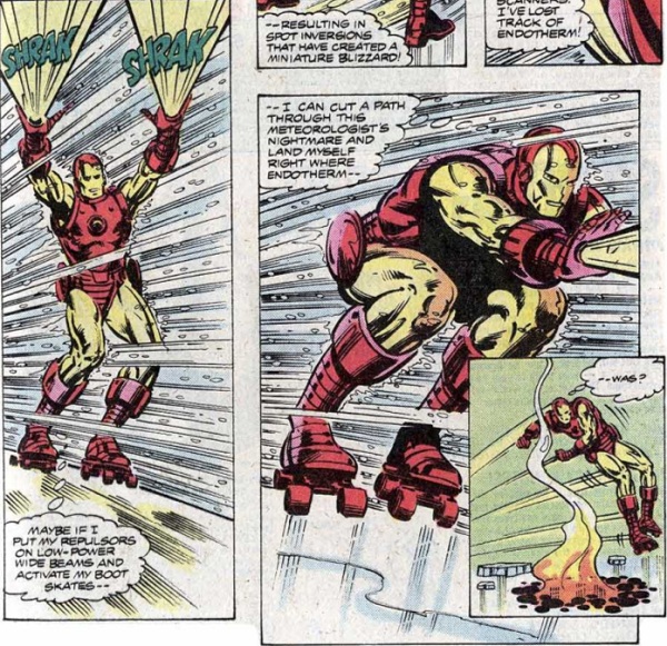 Iron Man in red and gold armor skating on red boot skates through a blizzard, repulsors raised
