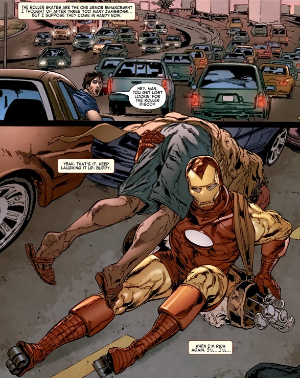 Iron Man skating on wheeled boots through traffic while carrying a man over his shoulder