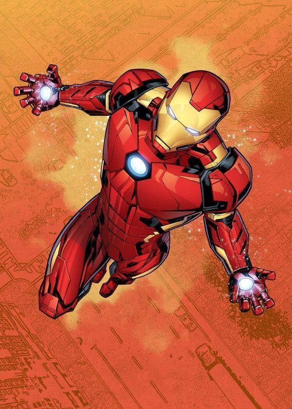 Iron Man red and gold armor flying with repulsors lit