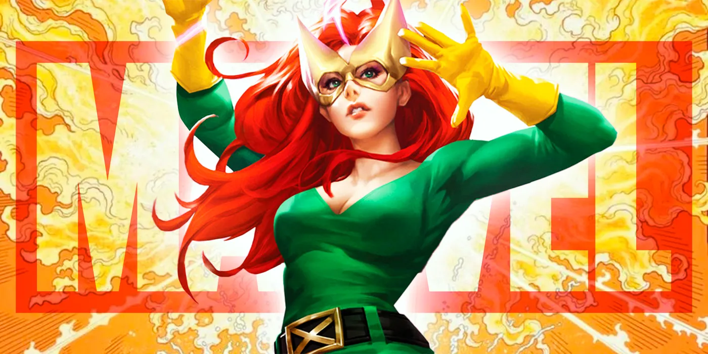Jean Grey as Marvel Girl in her green and gold costume, hand raised, using her powers