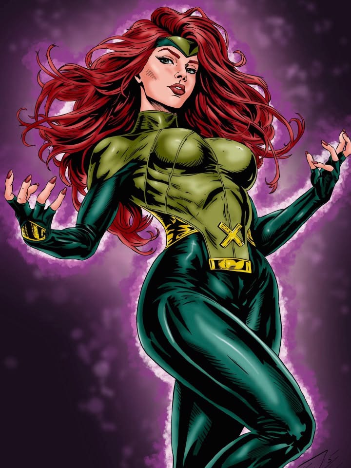 Jean Grey in a green X-Men uniform with red hair flowing, surrounded by psychic energy