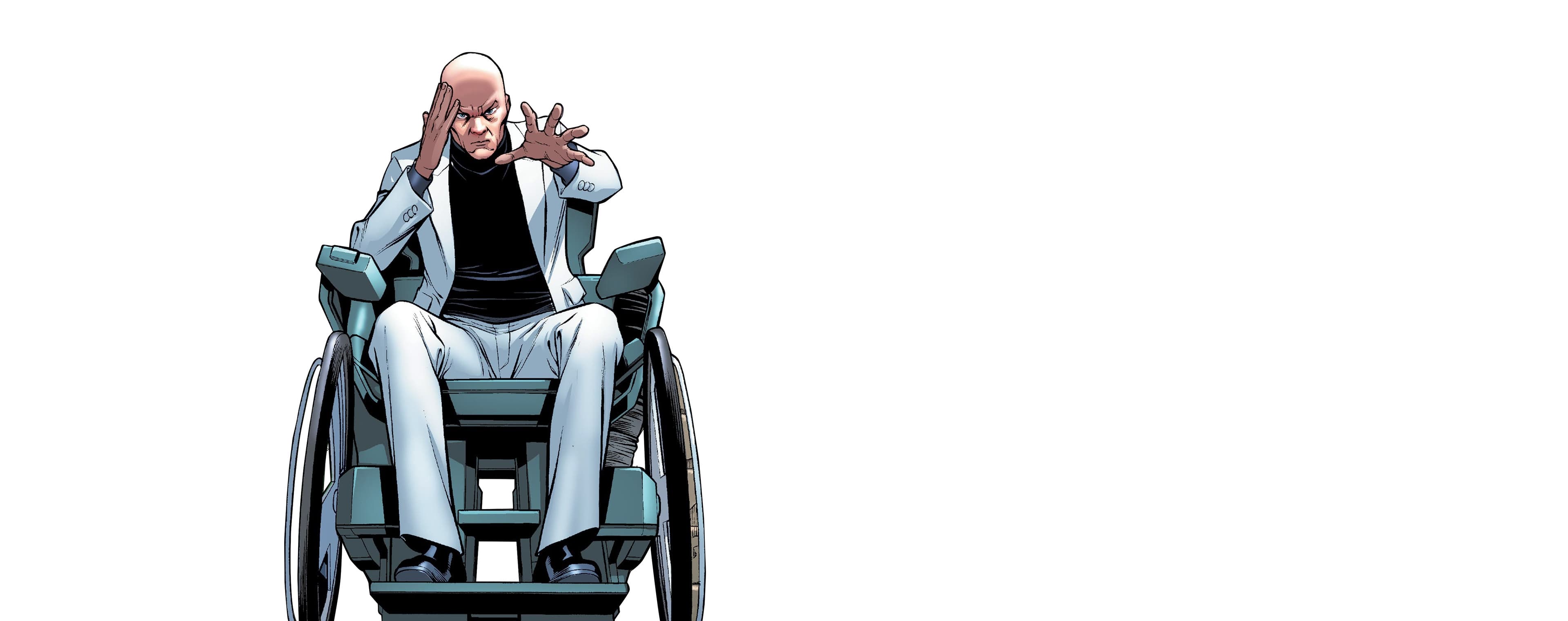 Professor X in his wheelchair, one hand at his temple, reaching out with his telepathy