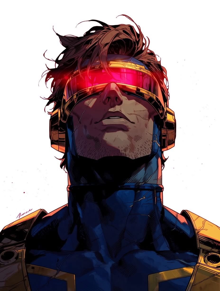 Cyclops looking upward, his red quartz visor glowing across his eyes