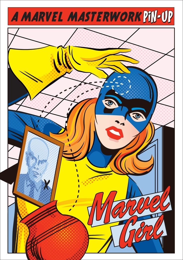 A vintage Marvel pin-up of Marvel Girl in her blue and yellow costume using telekinesis to move objects