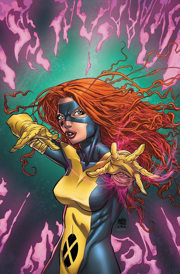 Jean Grey as Marvel Girl in her yellow and blue costume, red hair flowing, hands raised amid pink psychic flames
