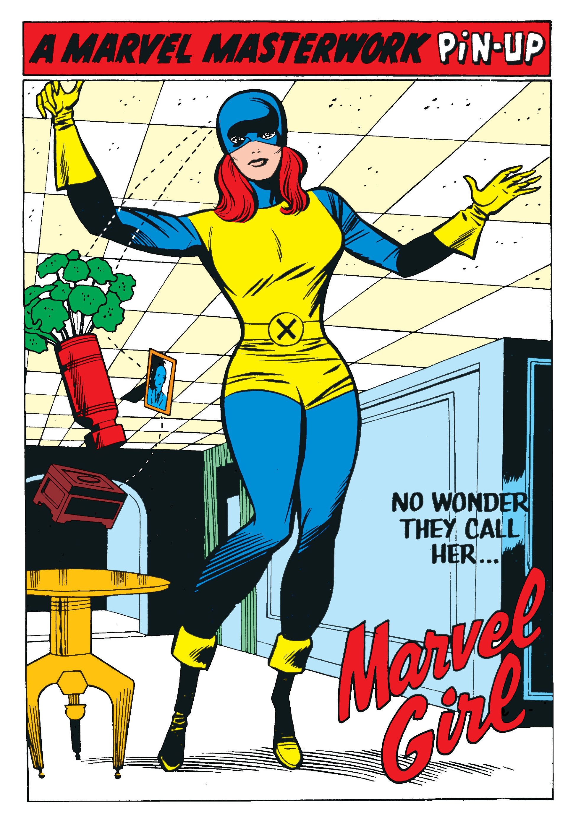 Jean Grey as Marvel Girl in her yellow, blue and black costume, telekinetically floating a vase, picture and box around her