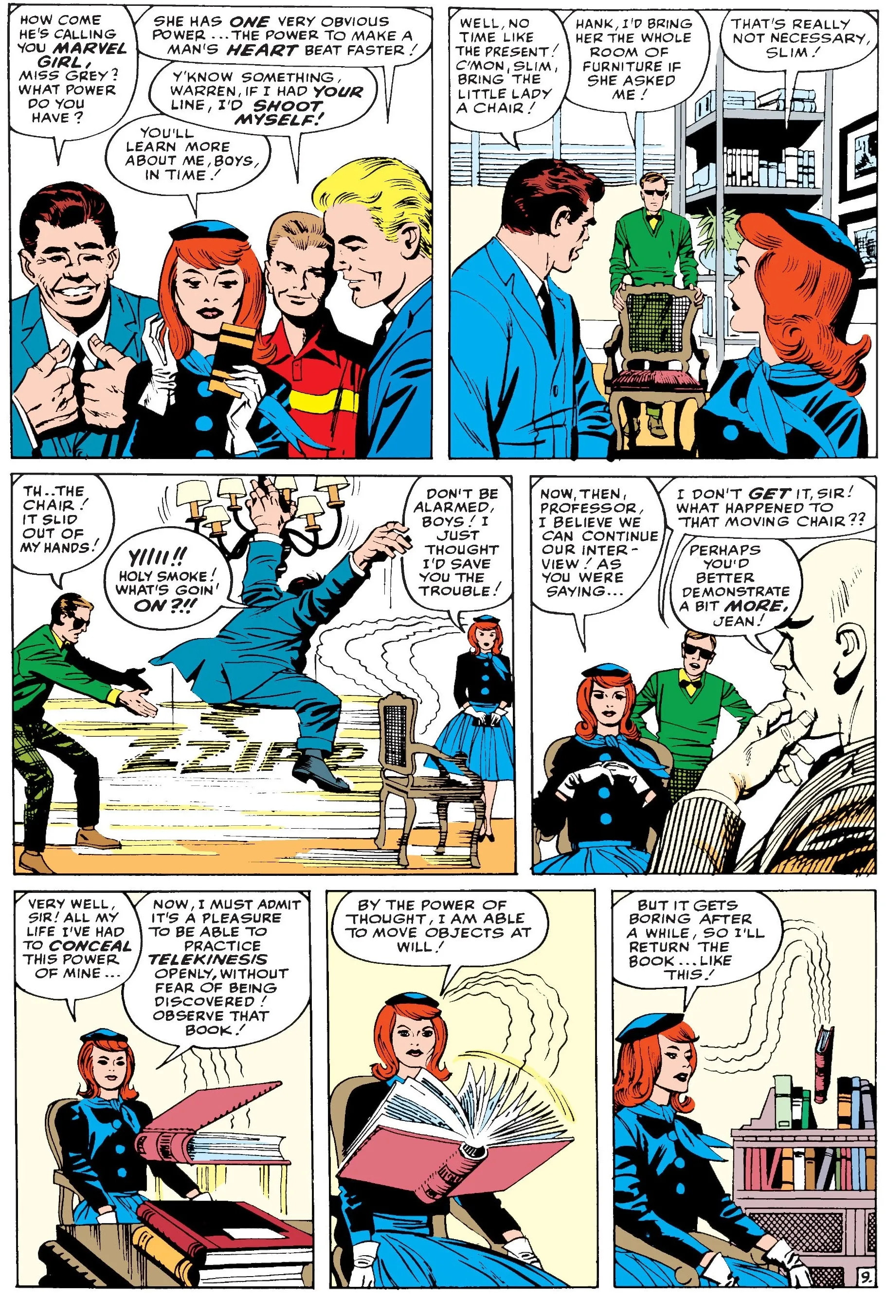 A 1960s X-Men page where Jean Grey demonstrates telekinesis by sliding a chair and floating a book while her classmates and Professor Xavier watch
