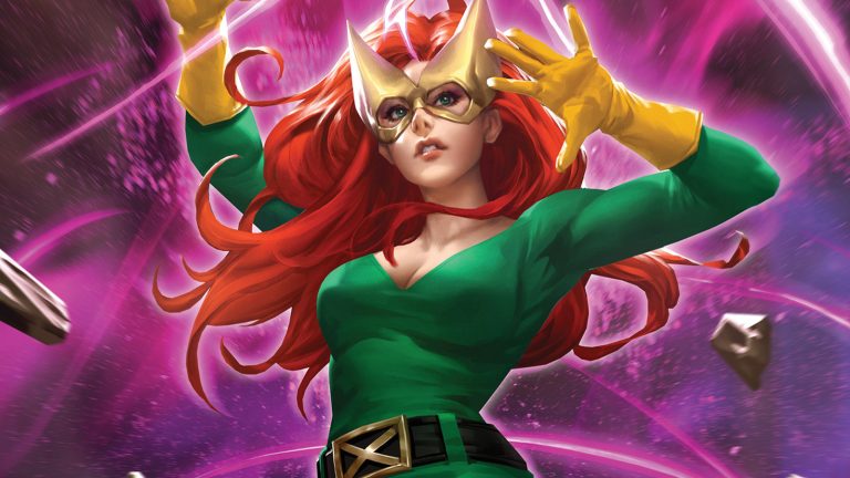 Jean Grey as Marvel Girl in green dress and gold mask comic art