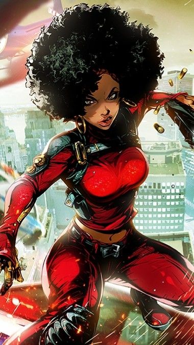 Misty Knight comic art in red outfit over a city