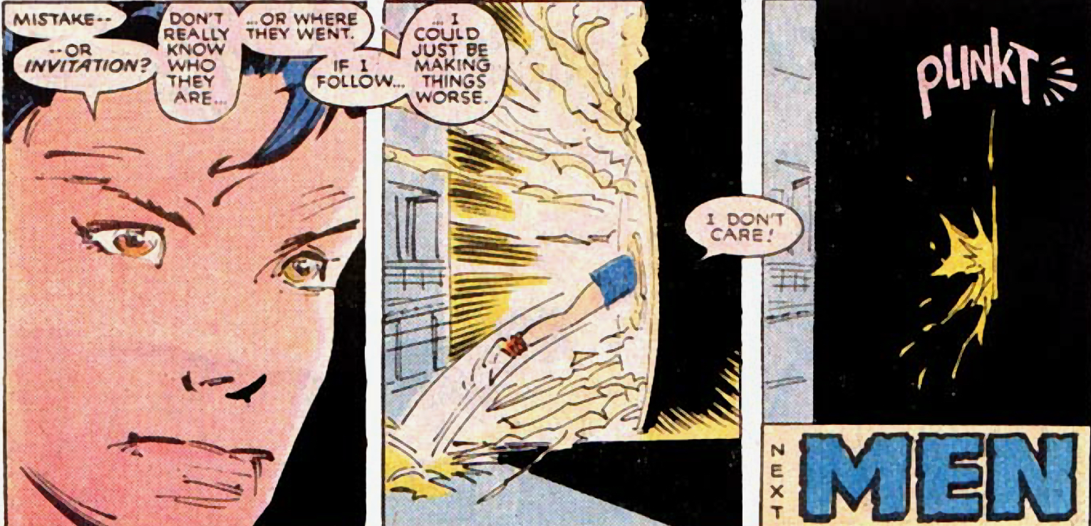 The 'Next' page of Uncanny X-Men #244: Jubilee slipping through a portal, undetected
