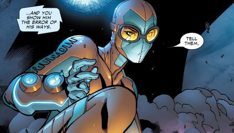 Wondra in her orange and teal tech suit with Wonder Gloves gauntlets