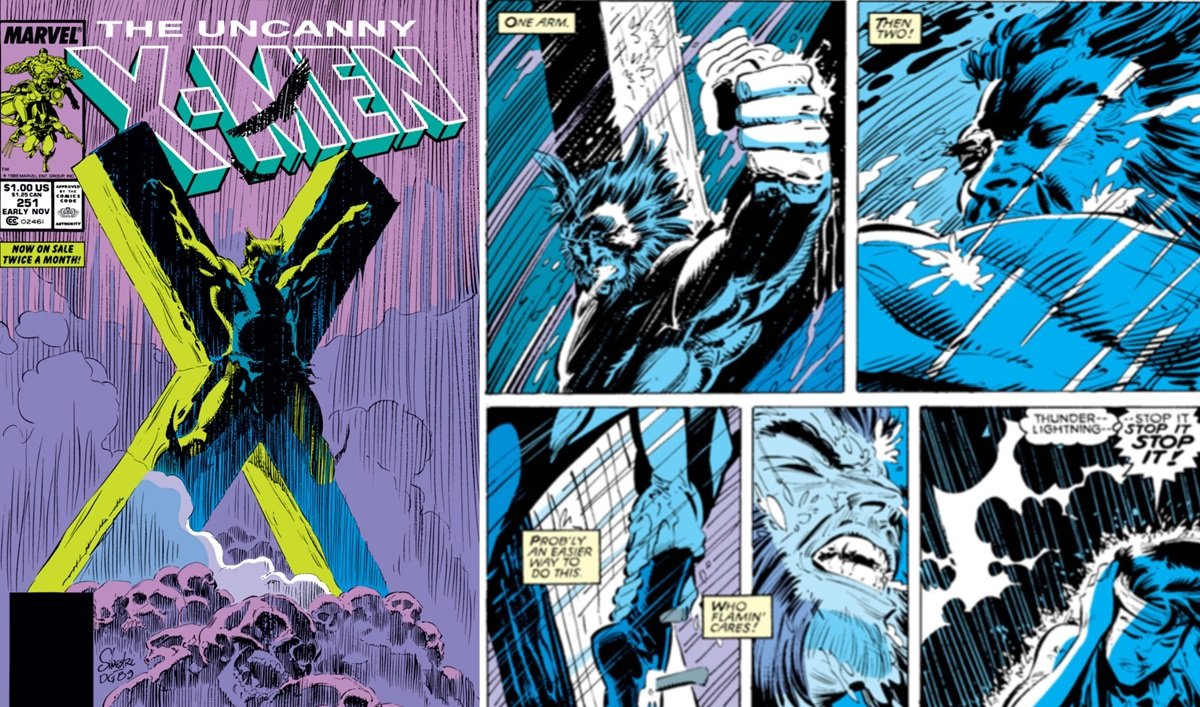 Uncanny X-Men #251 cover beside interior panels of Wolverine tearing free in the rain