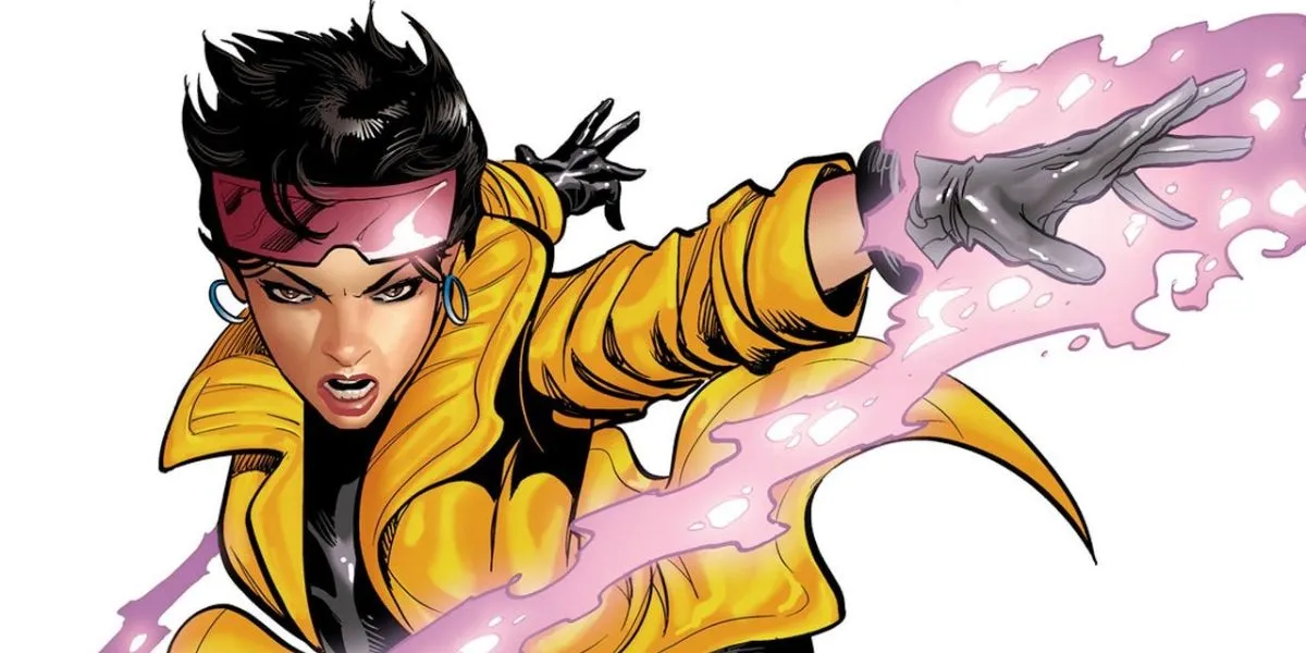 Art of Jubilee in her yellow coat firing her plasmoid fireworks powers