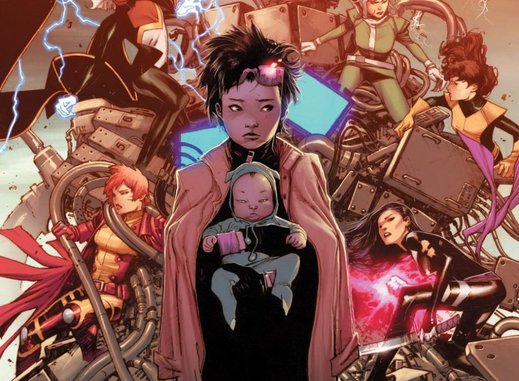 Cover art of Jubilee holding baby Shogo, surrounded by her X-Men teammates