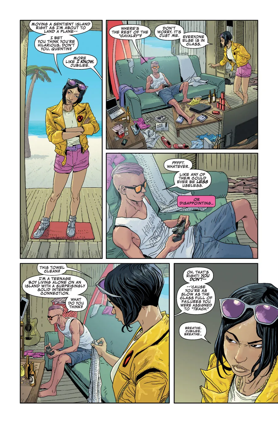 Generation X comic page: Jubilee in her yellow jacket talking with Quentin Quire