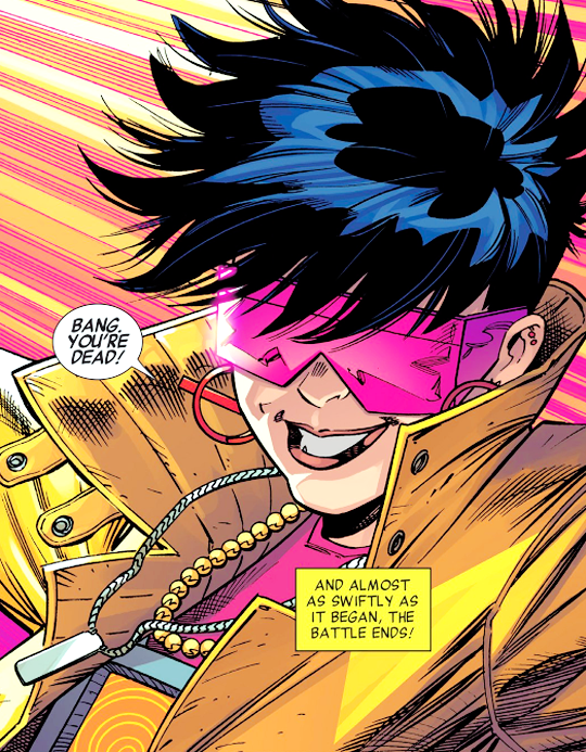 Jubilee grinning in her pink visor and yellow coat, comic panel