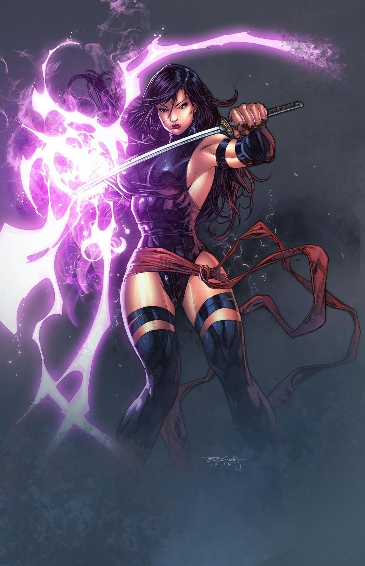 Psylocke with her katana wreathed in purple psychic energy