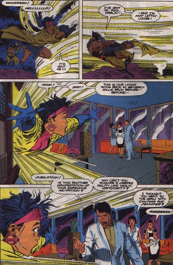 Comic panels of Jubilee in her yellow coat reaching toward her parents in their Beverly Hills living room while Wolverine holds onto her through a swirling portal