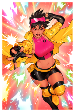 Jubilee in her yellow coat and pink shades surrounded by bursting multicolored plasma fireworks