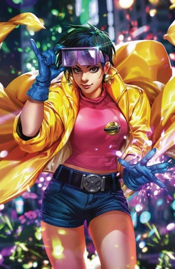 Jubilee in pink shirt and yellow coat with plasma sparks comic art