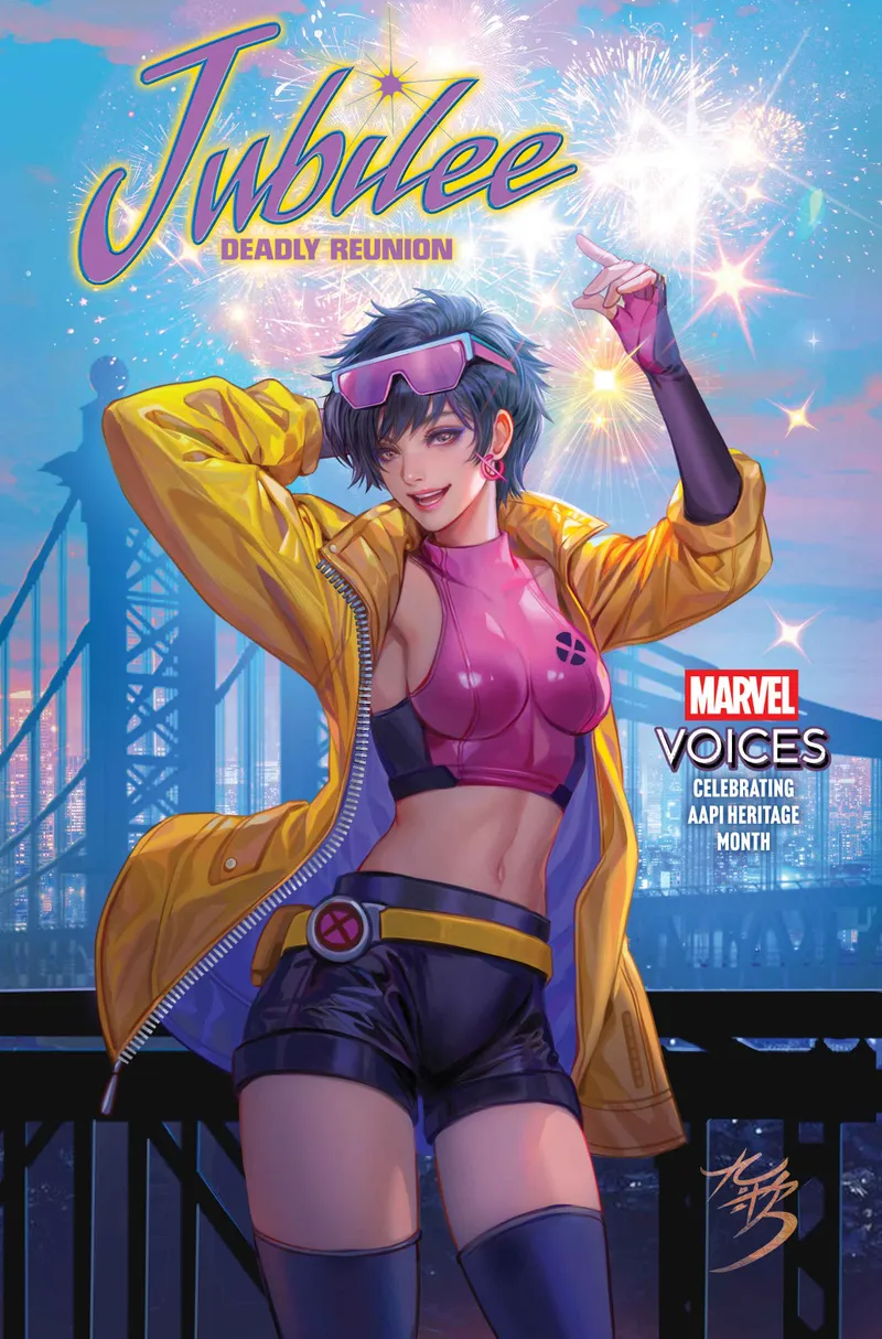 Jubilee comic cover with fireworks and yellow coat