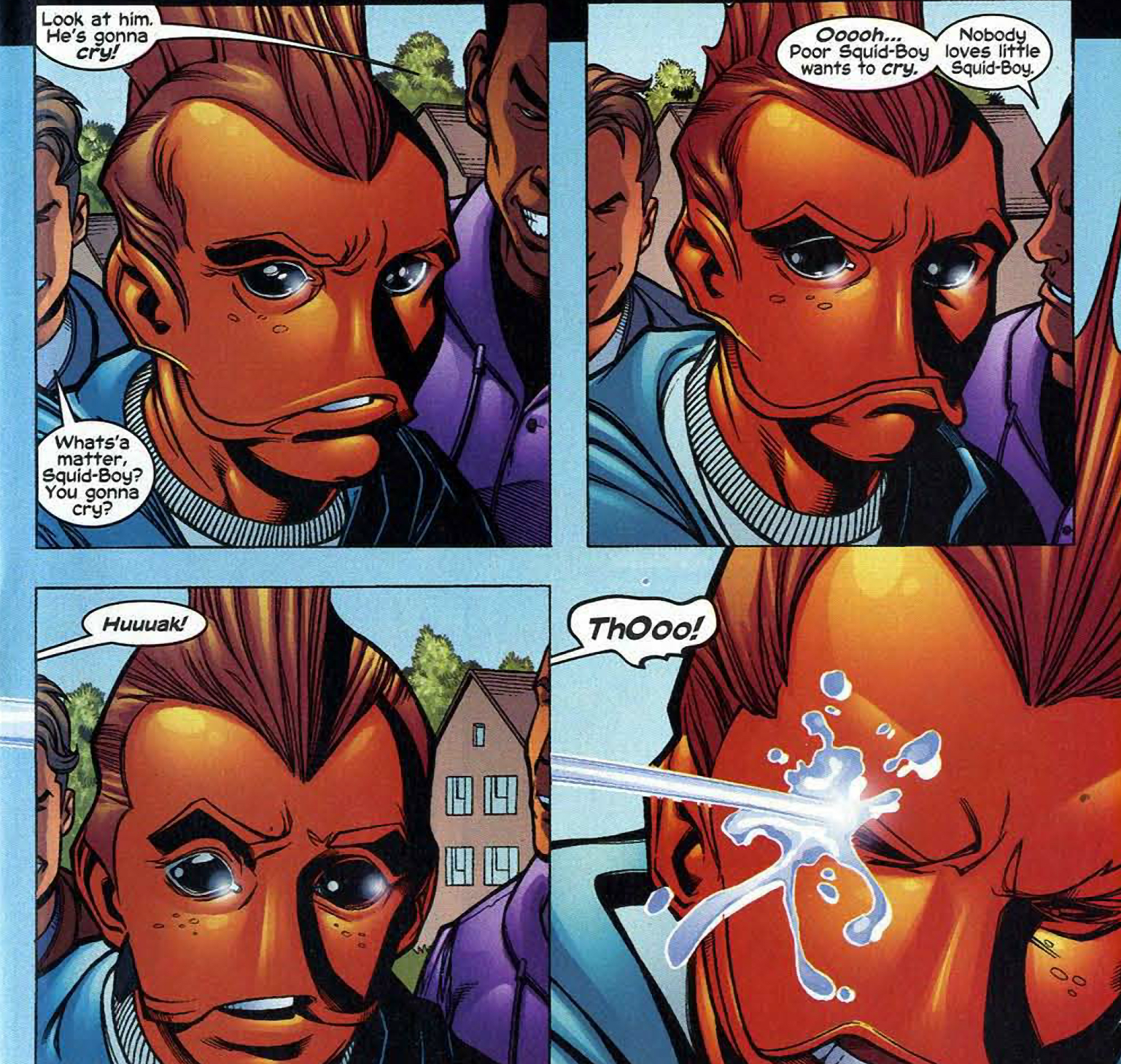 Comic panel of Squidboy, the fish-like young mutant