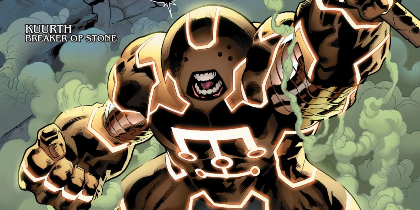 Comic panel of Juggernaut transformed into Kuurth, Breaker of Stone, with glowing Asgardian armor
