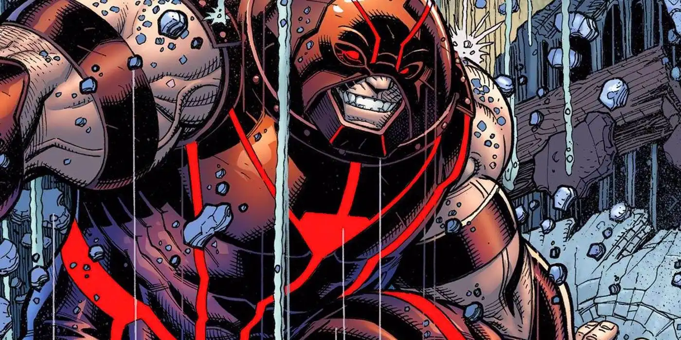Juggernaut in dark armor with glowing red lines amid falling rubble
